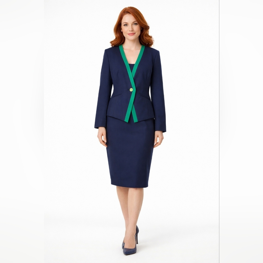 SP Wool Skirt Set Tailored Pencil Vintage Navy Green Trim Retro